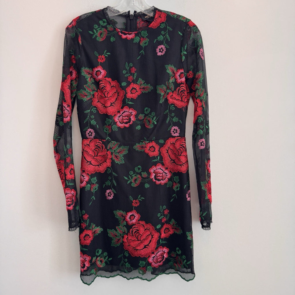 Nasty Gal Collection Women's S Black Mesh Red Rose Floral Embroidered Mini Dress