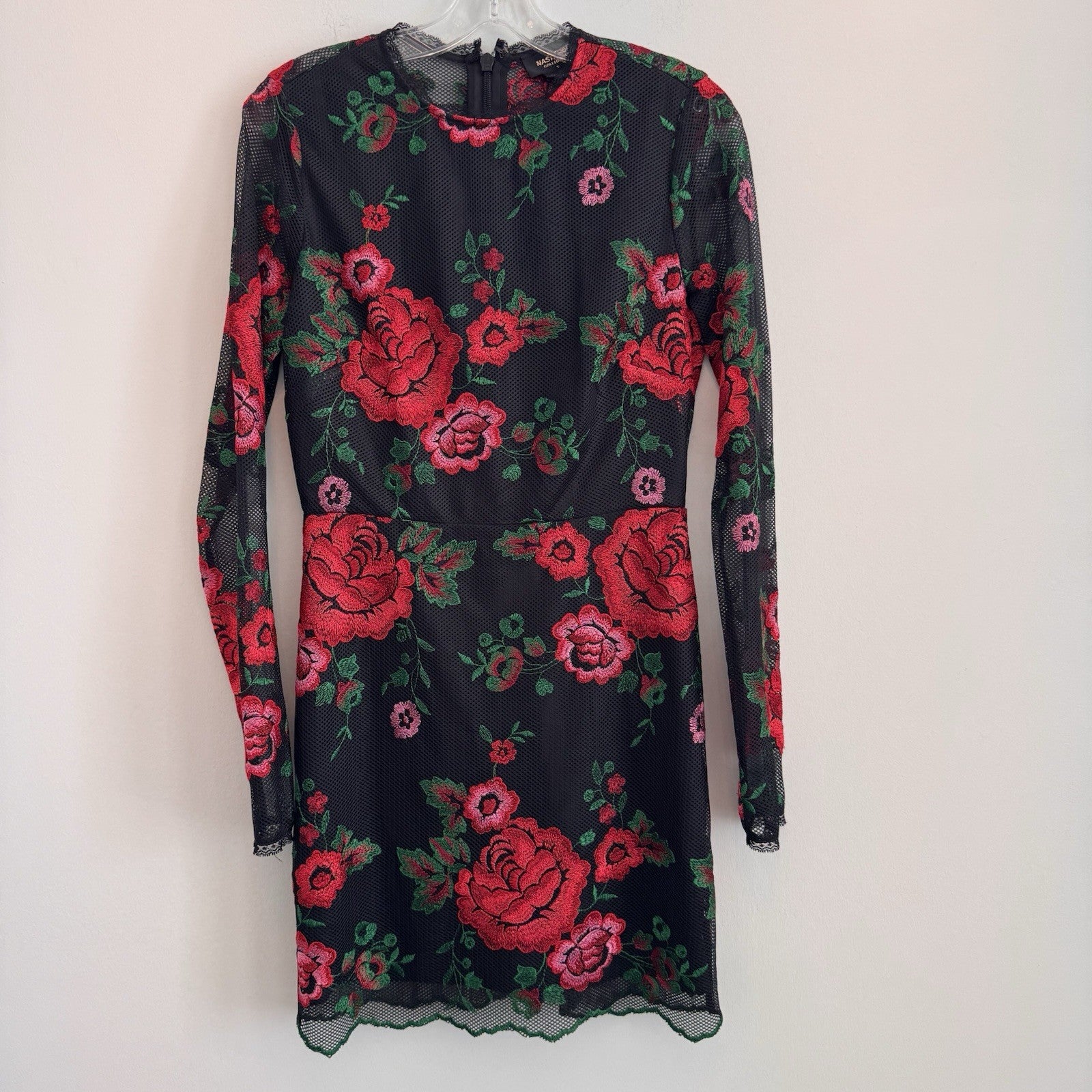 Nasty Gal Collection Women's S Black Mesh Red Rose Floral Embroidered Mini Dress
