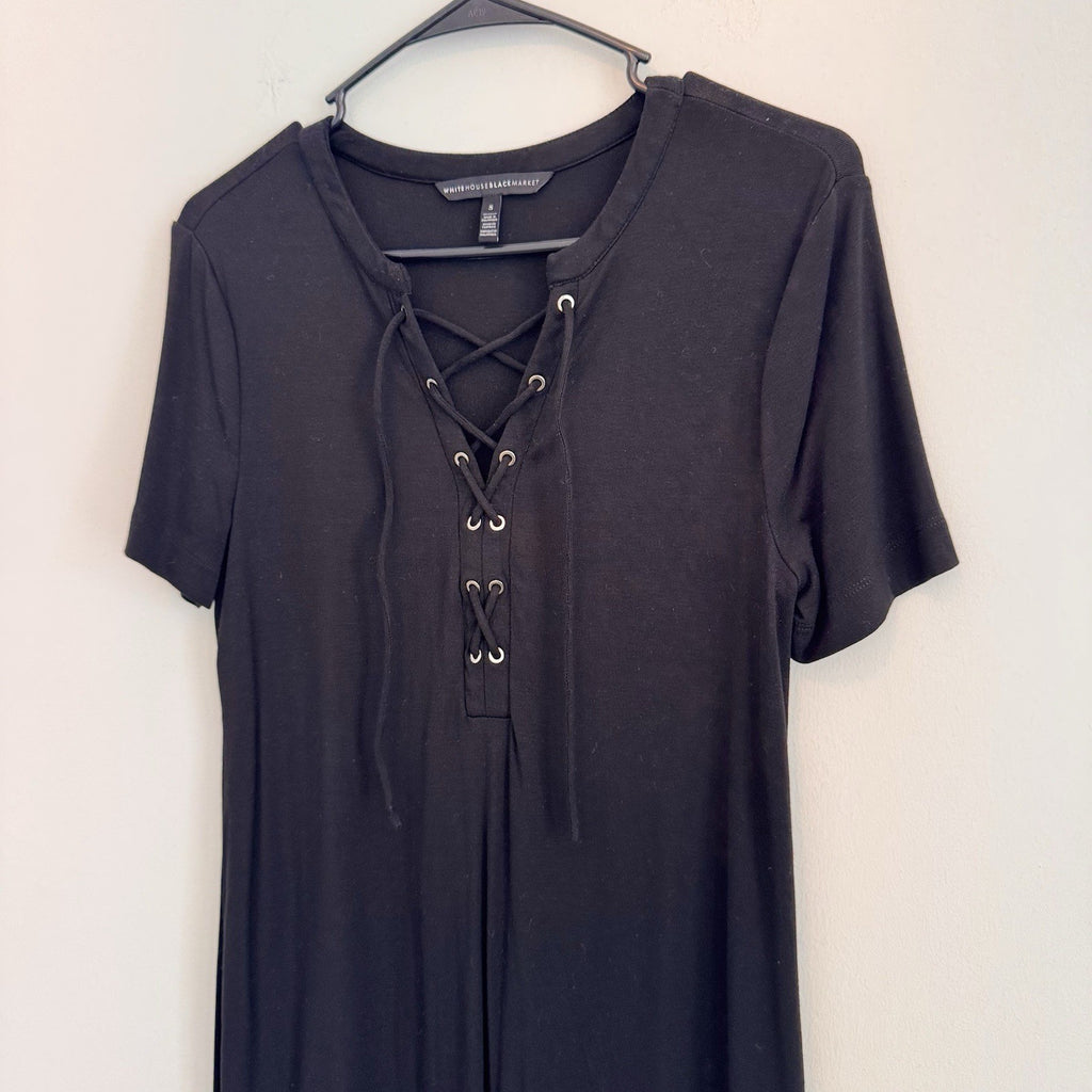 White House Black Market Black Lace Up Shift Dress Small S Matte Jersey