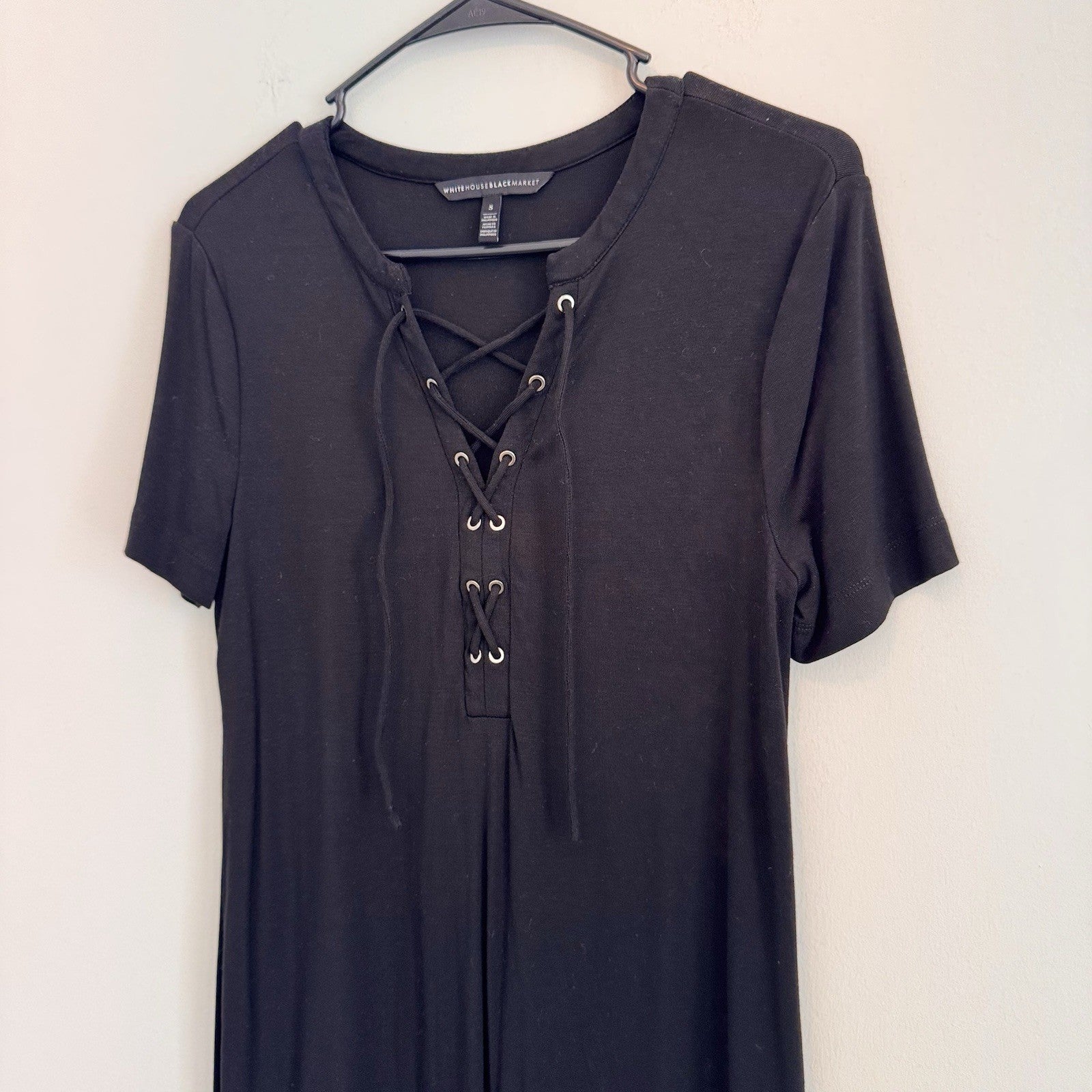 White House Black Market Black Lace Up Shift Dress Small S Matte Jersey