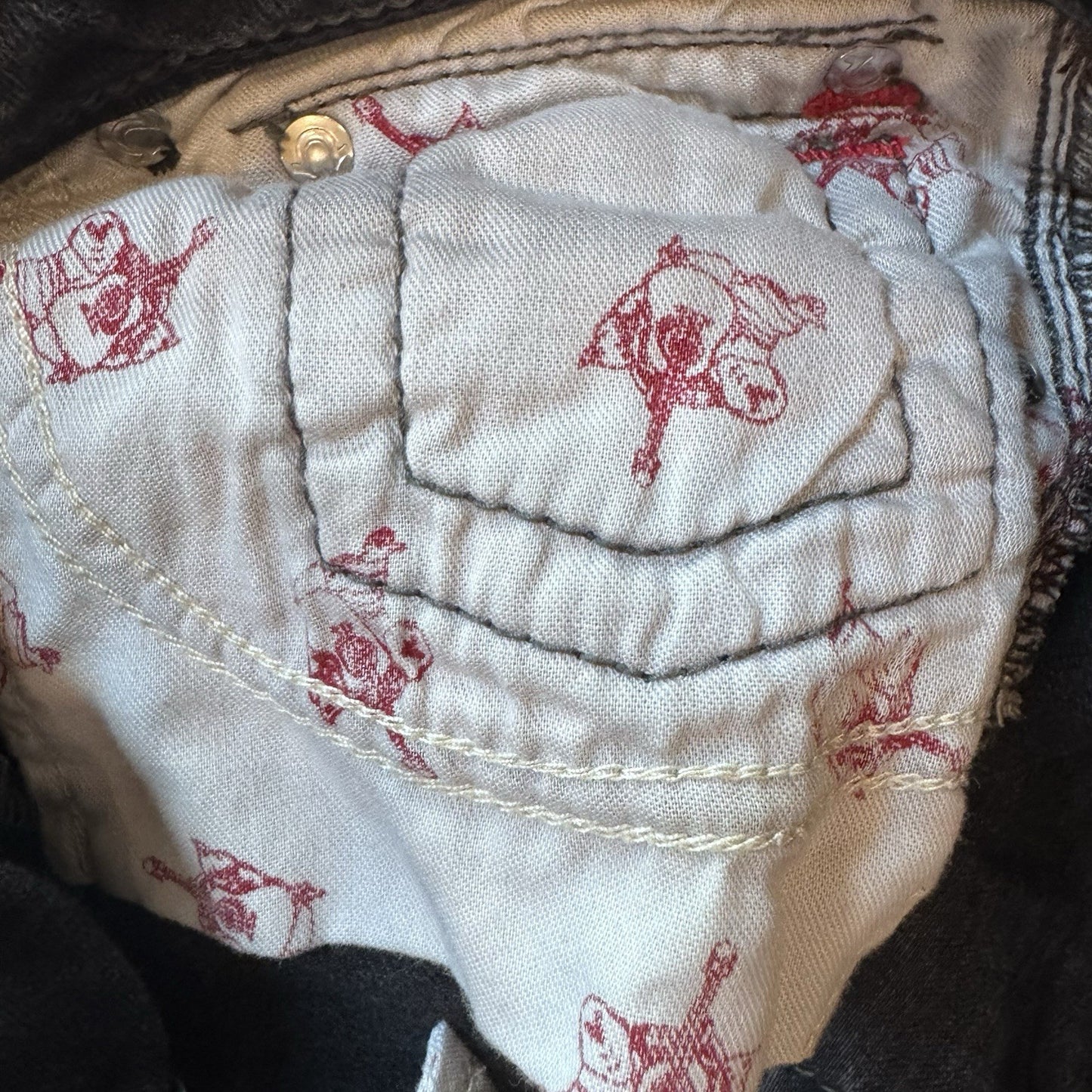 True Religion Mid Cut Off Denim Shorts Black Distressed Flap Pockets Size 30