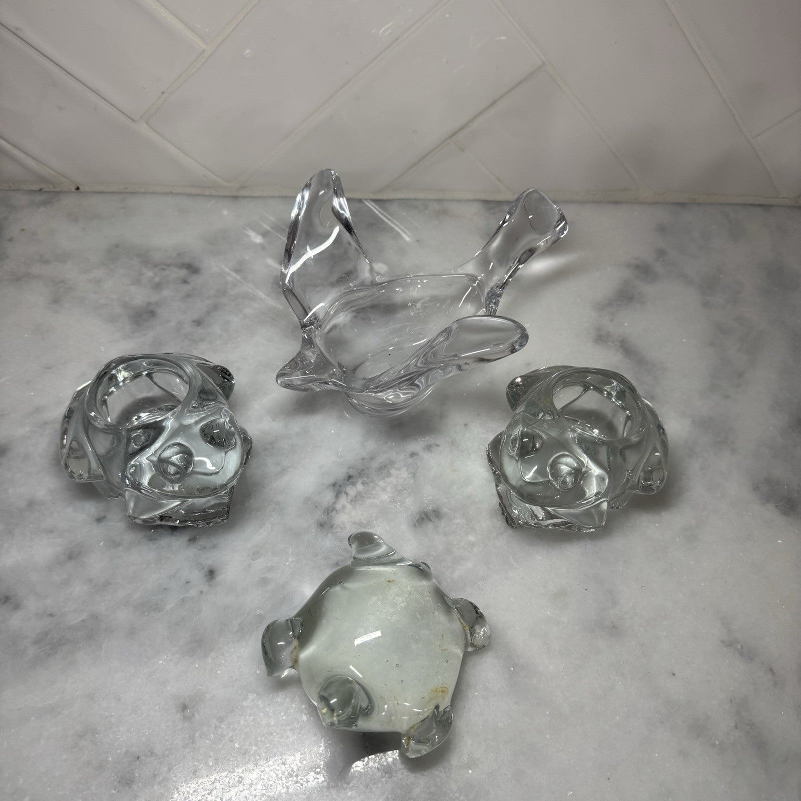 Vintage Clear Art Glass Candle Holder Set Abstract Modern Decor 4pc