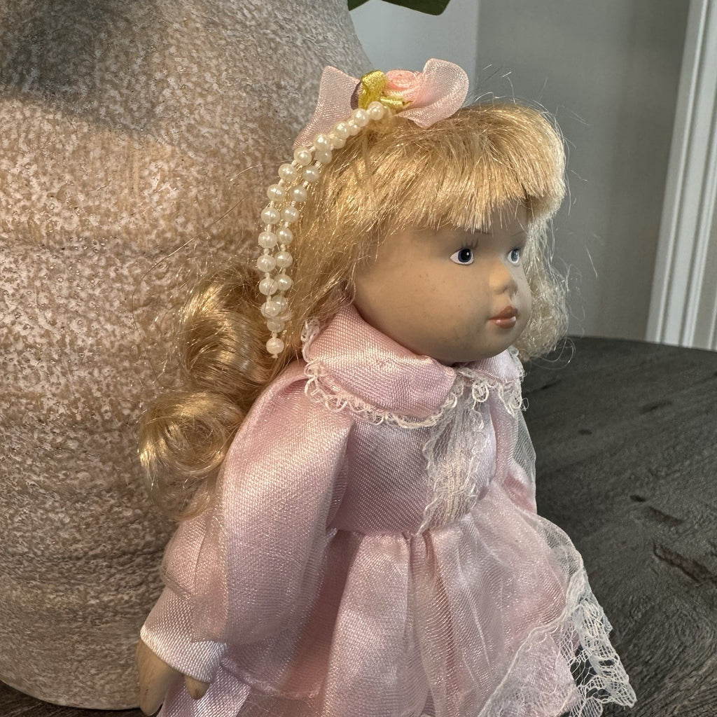 Vintage Bisque Porcelain Doll 7" Blonde Curls Pink Satin Lace Dress & Faux Pearl