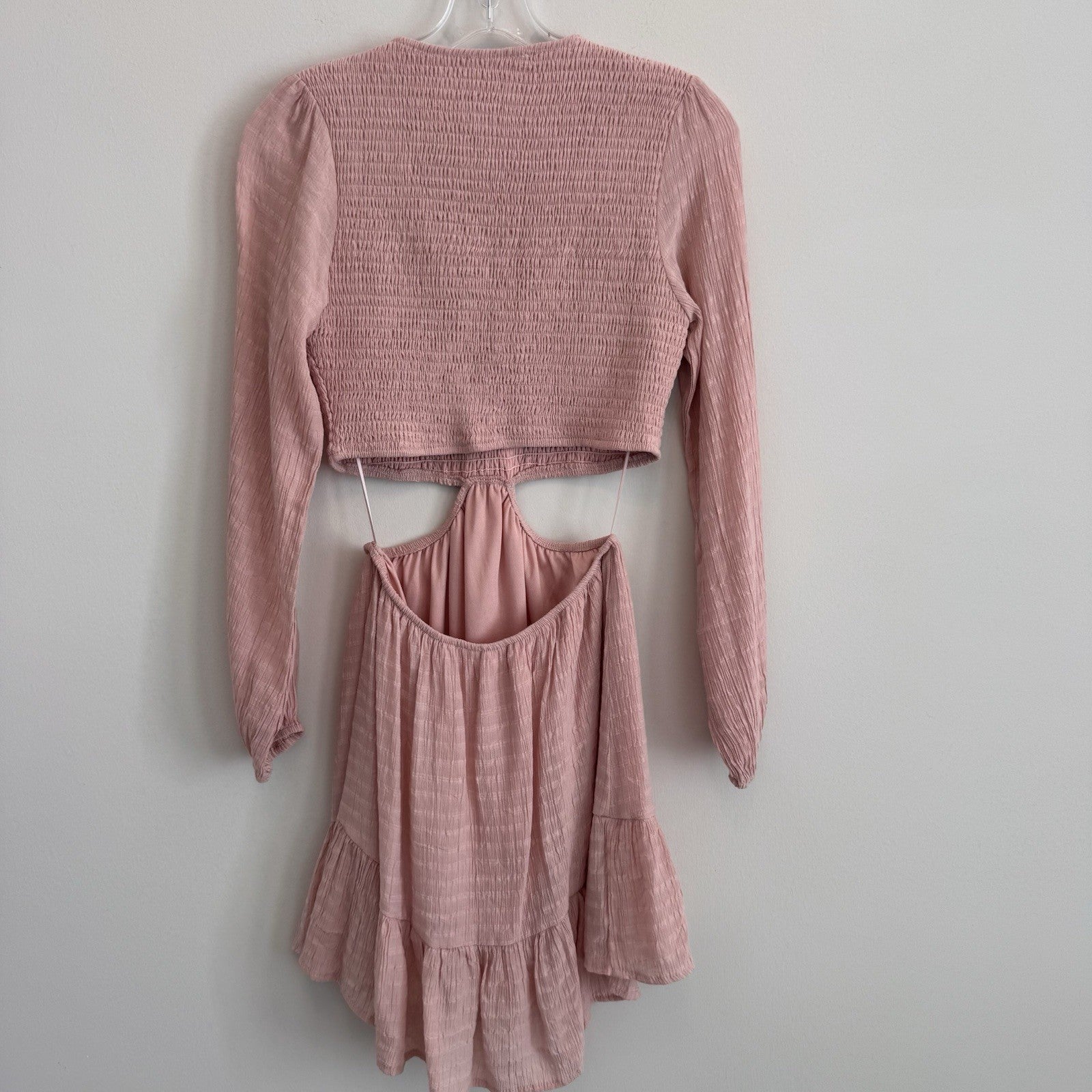 Altar'd State Pink Cutout Mini Dress Small Boho Smocked Long Sleeve Women’s