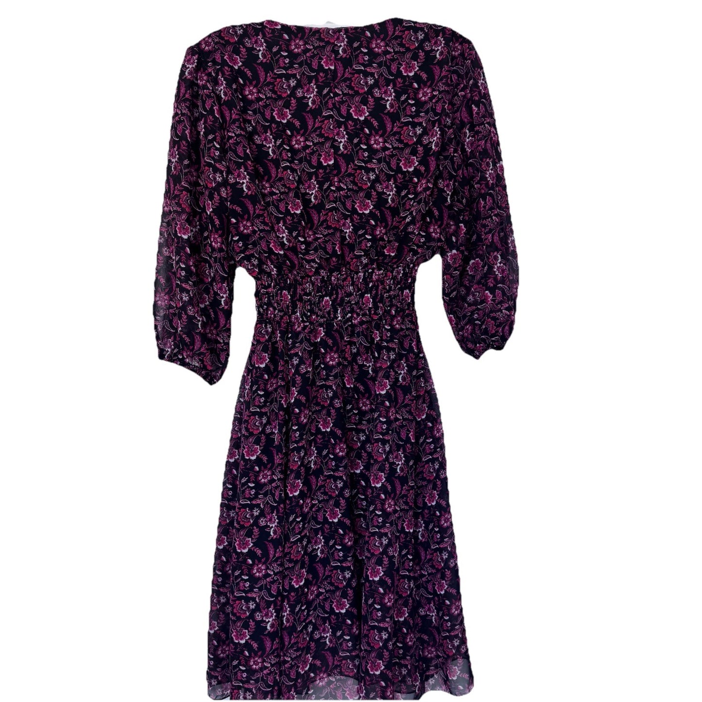 Kate and Lily Dress Size 4 Black Red Floral Midi Sheer Sleeve Smocked Waist