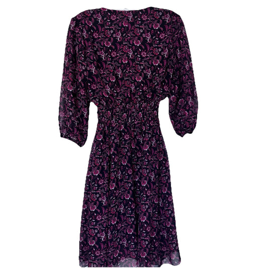 Kate and Lily Dress Size 4 Black Red Floral Midi Sheer Sleeve Smocked Waist