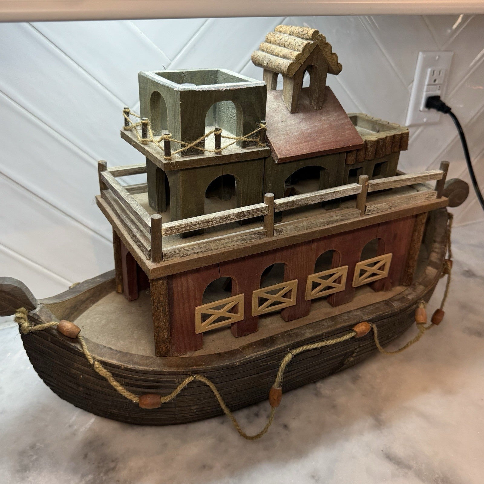 Large Wooden Noah’s Ark Boat Decor Rustic Nautical Farmhouse Shelf Display