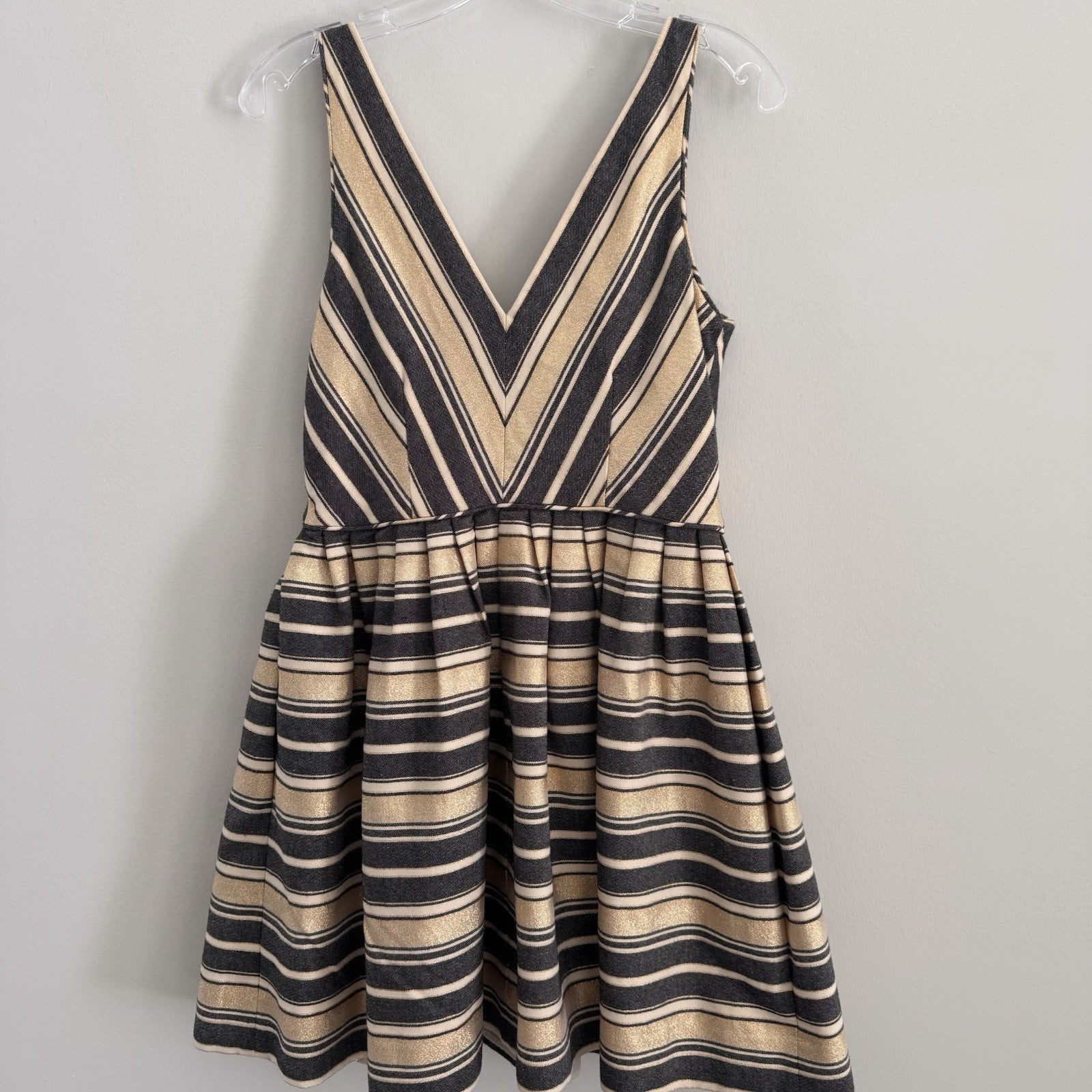 J.CREW Gold Navy Striped Cotton Sleeveless Fit & Flare Knee Dress Size 6 Women’s