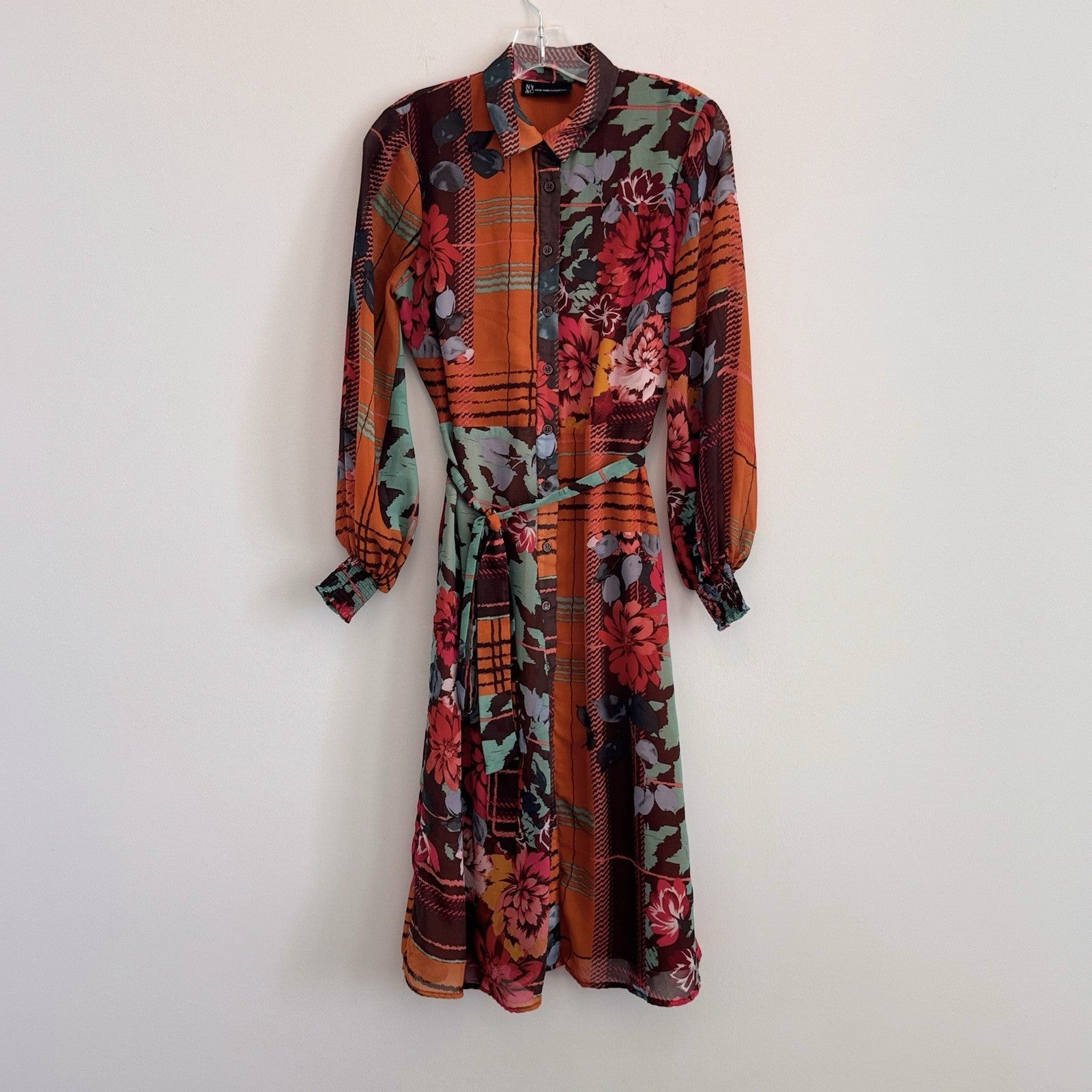New York & Co XS Long Sleeve Midi Shirtdress Mixed Pattern Floral Plaid Belted