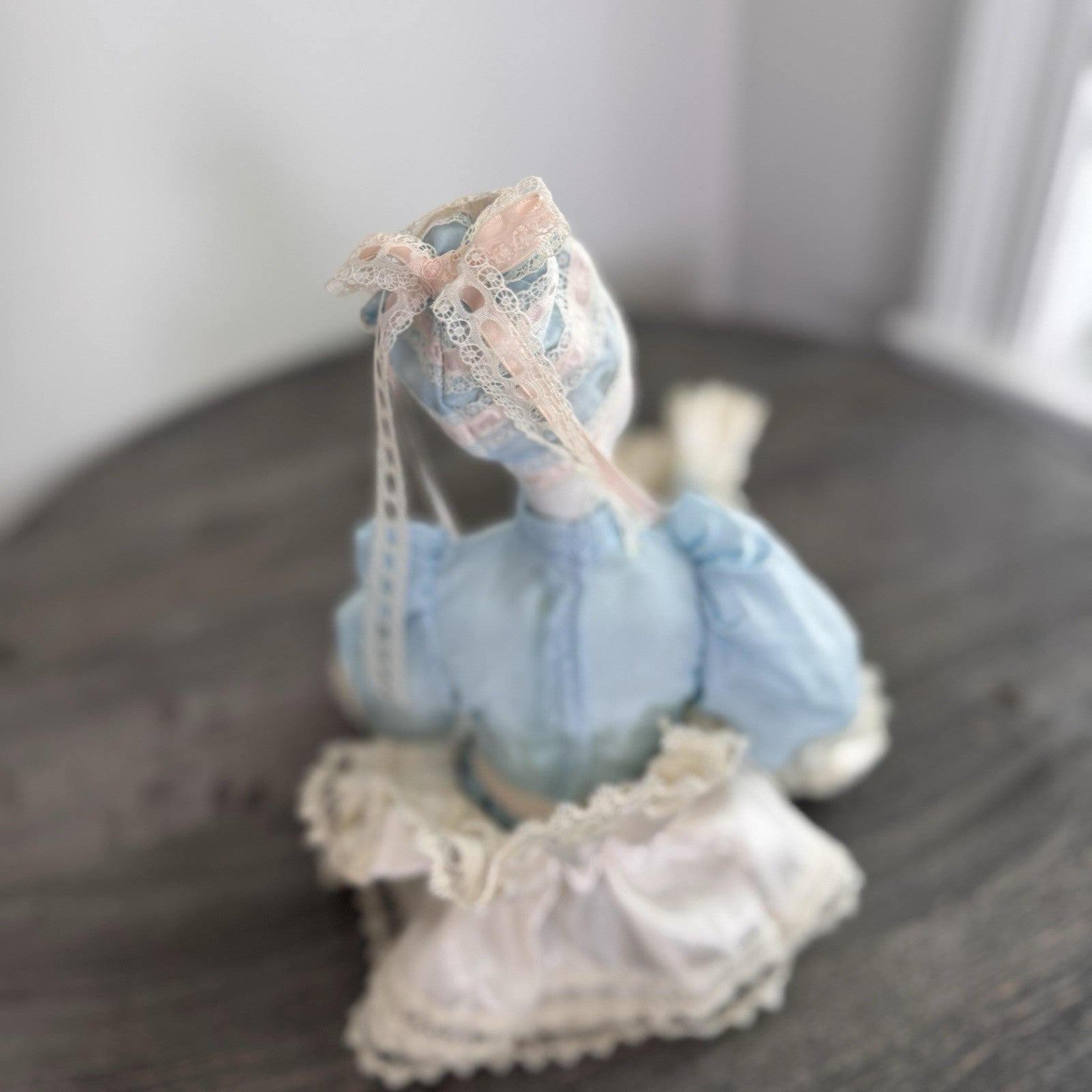 Vintage Porcelain Pierrot Doll Seated Blue Satin Lace French Harlequin 18" Shelf