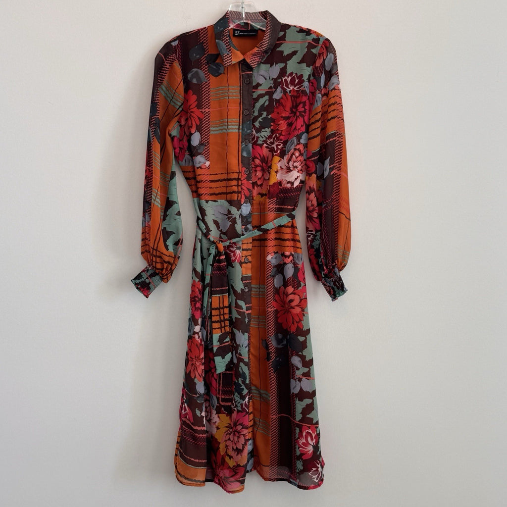 New York & Co XS Long Sleeve Midi Shirtdress Mixed Pattern Floral Plaid Belted