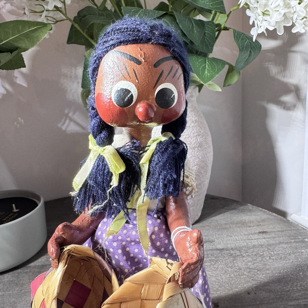 VTG Mexican Folk Art Cloth Dolls Pair Hand Painted Man Woman Handmade Straw Hat