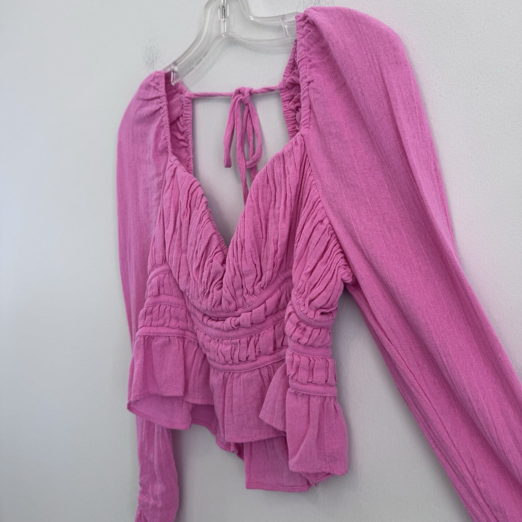 Free People Pink Boho Peasant Crop Top M Ruched Long Sleeve Cotton Womens