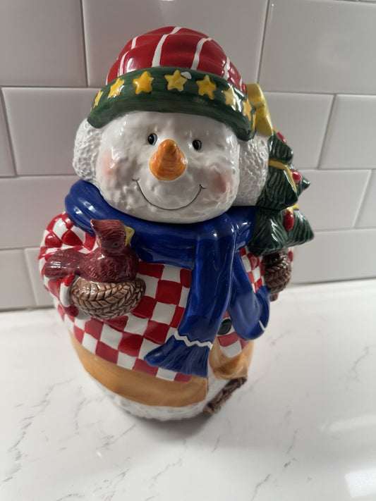 Vintage Young's Heartfelt Kitchen Creations Cookie Jar Snowman Cardinal & Tree