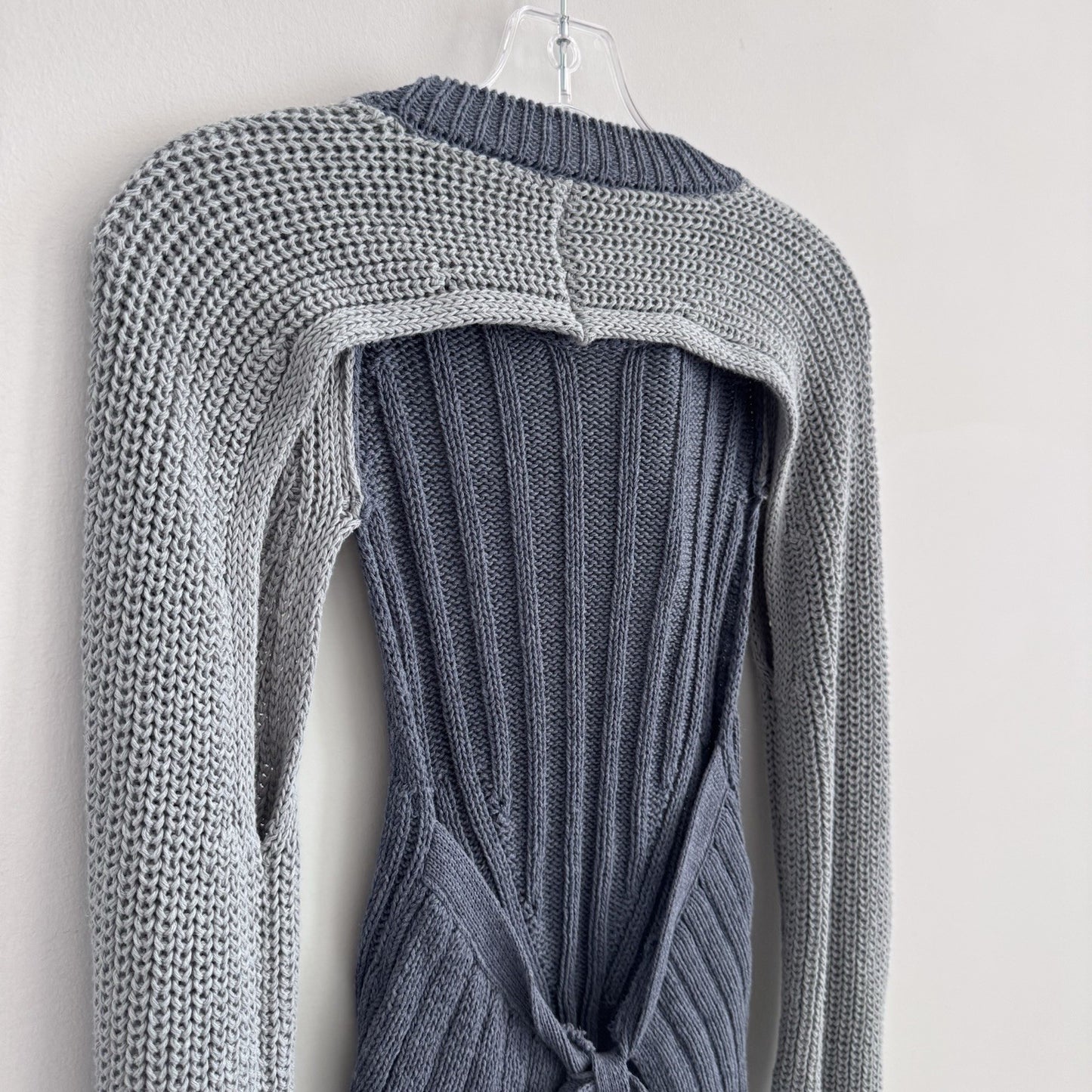 Zara Knit Tie Back Sweater Blue Gray Colorblock Long Sleeve Size M NWT 
