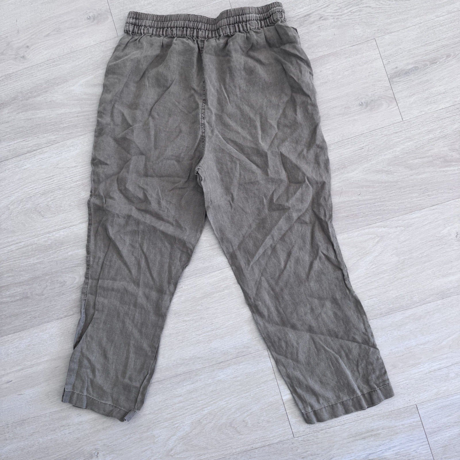 Nicole Miller New York Linen Pants Womens Large Taupe Elastic Waist Ankle Button