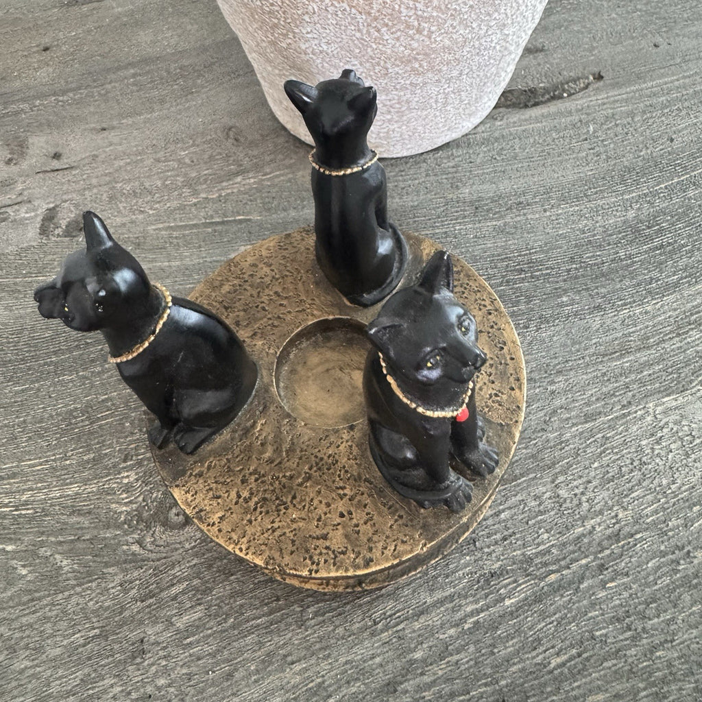 Egyptian Bastet Cat Candle Holder Trio Black Gold Resin Hieroglyphics Base
