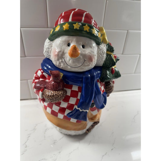Vintage Young's Heartfelt Kitchen Creations Cookie Jar Snowman Cardinal & Tree