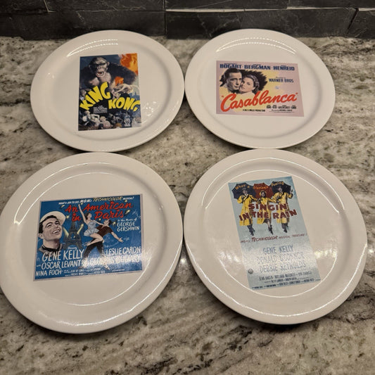 POTTERY BARN Ceramic PLATES Set of 4 HOLLYWOOD Classic MOVIES TCM 8" Diameter