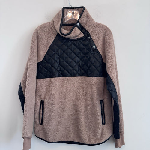 A&F Sherpa Pullover Women Small Brown Black Quilted Snap Fleece Abercrombie