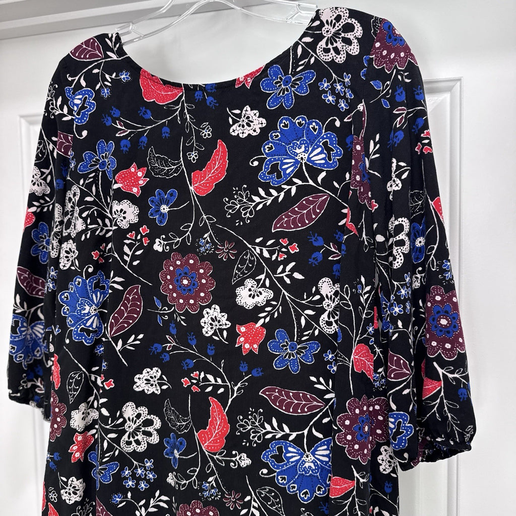 Old Navy Black Floral Dress L Boho Print 3/4 Sleeve Viscose Soft Tunic