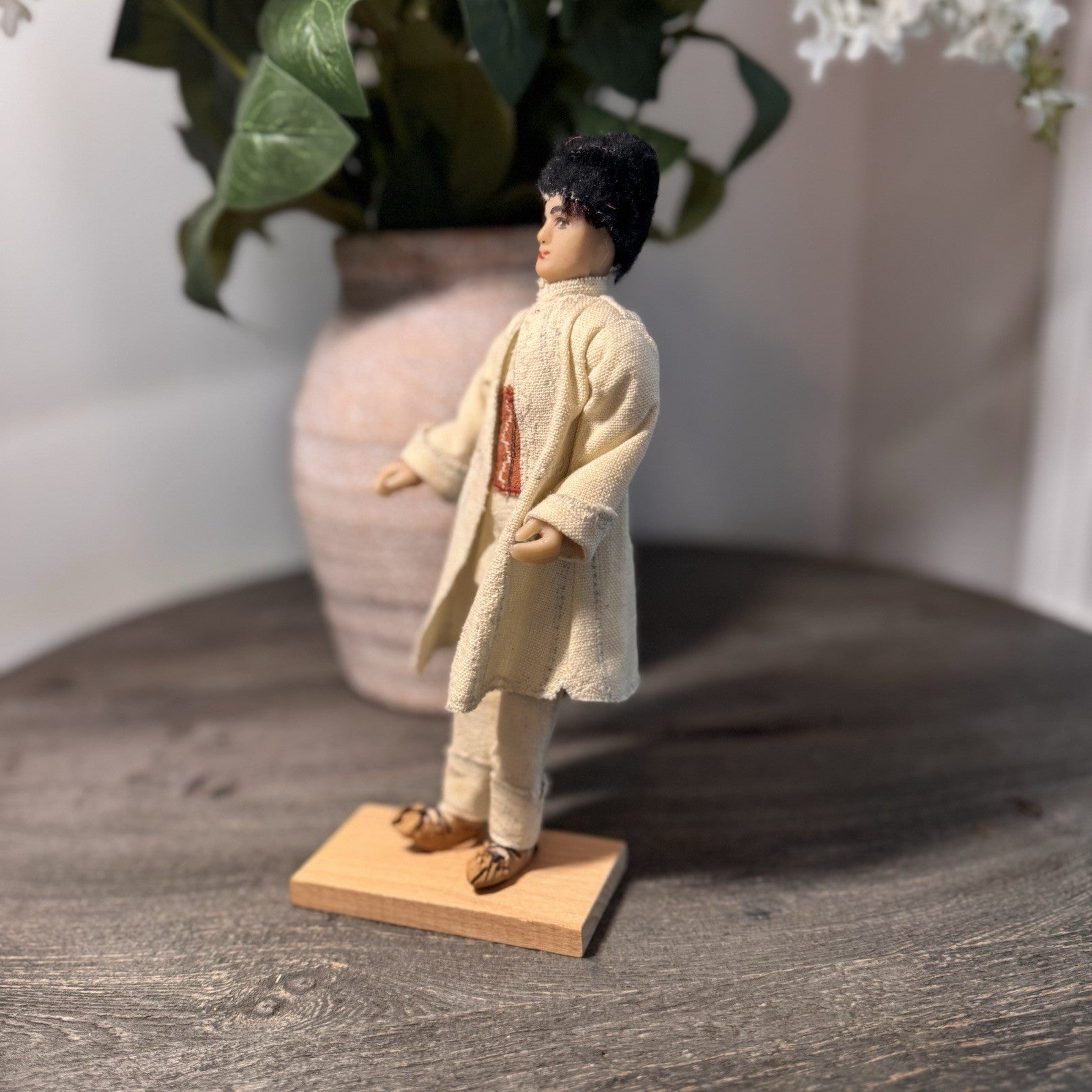 Vintage European Folk Art Male Doll 9" Hand Painted Souvenir Wooden Base Tunic