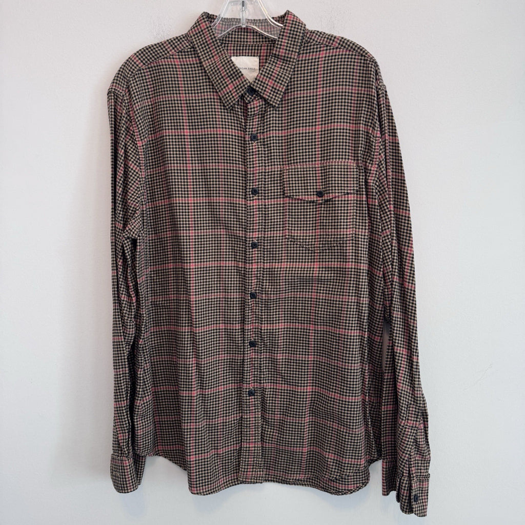 American Eagle XL Plaid Button Up Shirt Pink Tan Black Flannel Y2K
