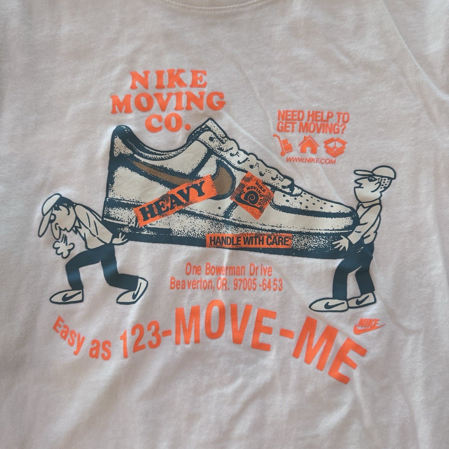 Nike Moving Co. Tee XS White Cartoon Graphic Shoe T-Shirt DZ2848-100