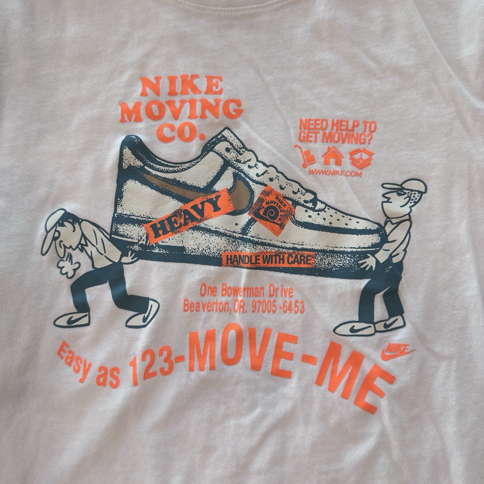 Nike Moving Co. Tee XS White Cartoon Graphic Shoe T-Shirt DZ2848-100