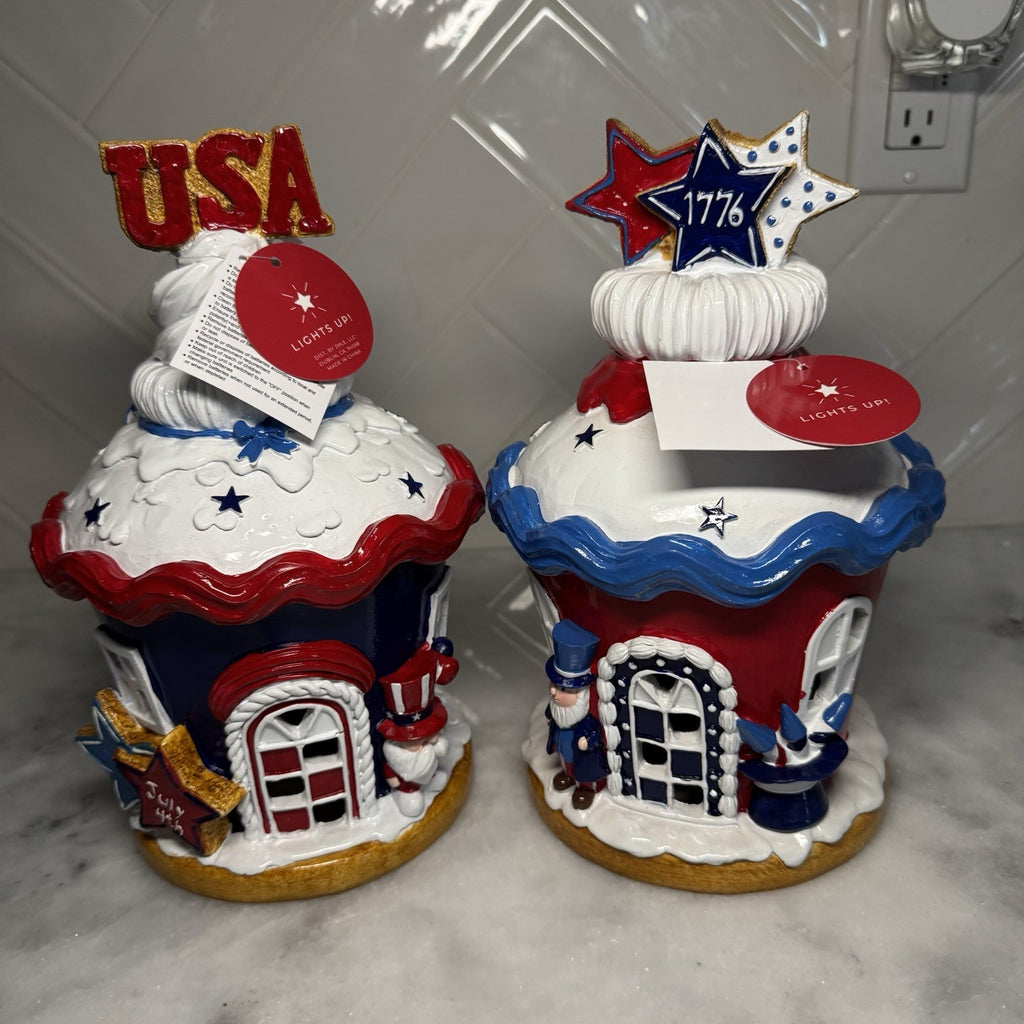 Set of 2 Patriotic Light Up Cupcake Houses USA 1776 July 4th Decor