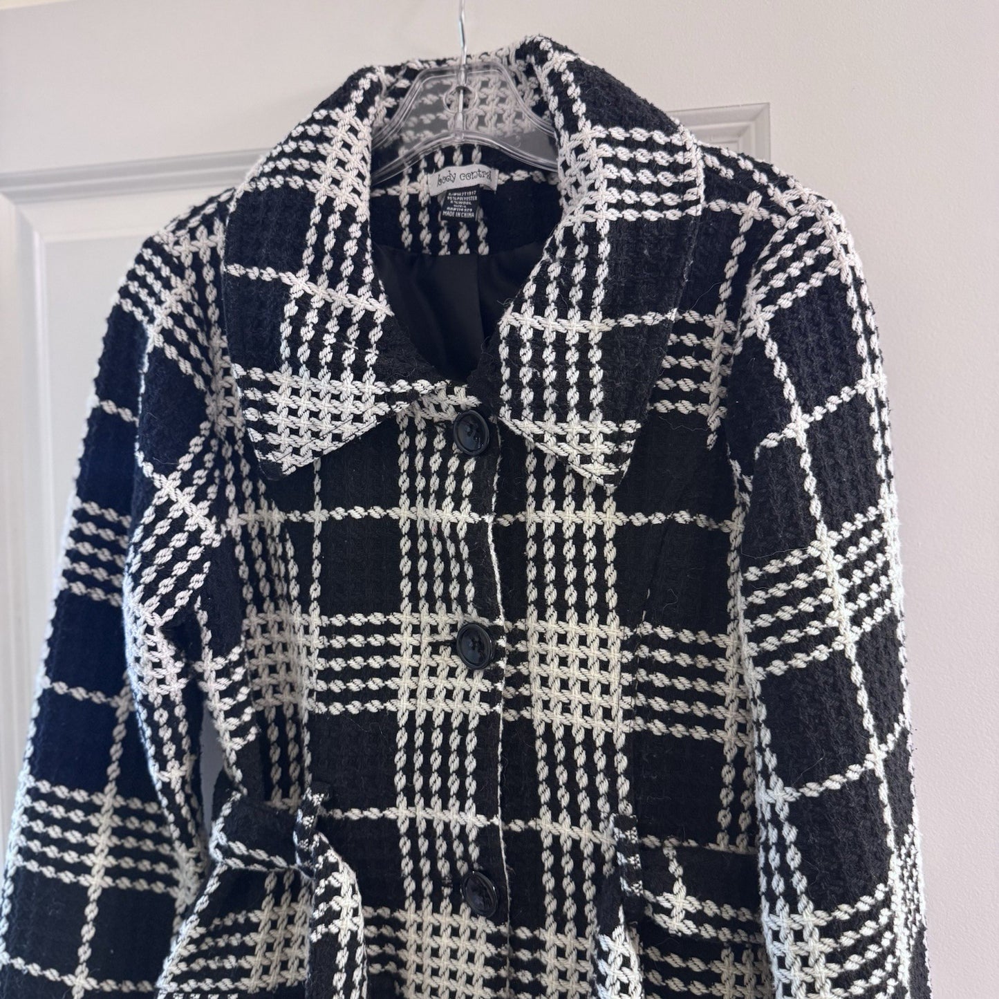 Y2K Body Central Plaid Wool Blend Coat Jacket L Black White Belted Vintage Loop 