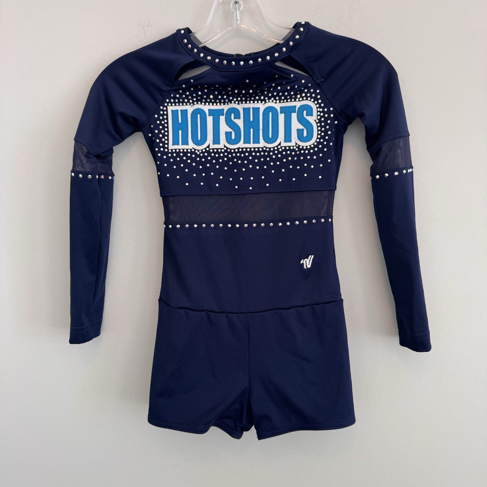 Varsity Spirit Hotshots Girls YM Navy Blue Rhinestone Cheer Uniform Romper
