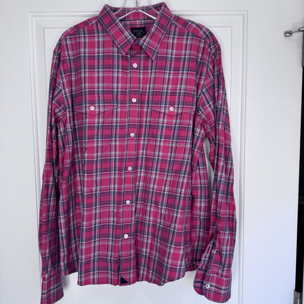 UNTUCKit Men’s XL Slim Fit Plaid Button Down Shirt Red Gray Cotton