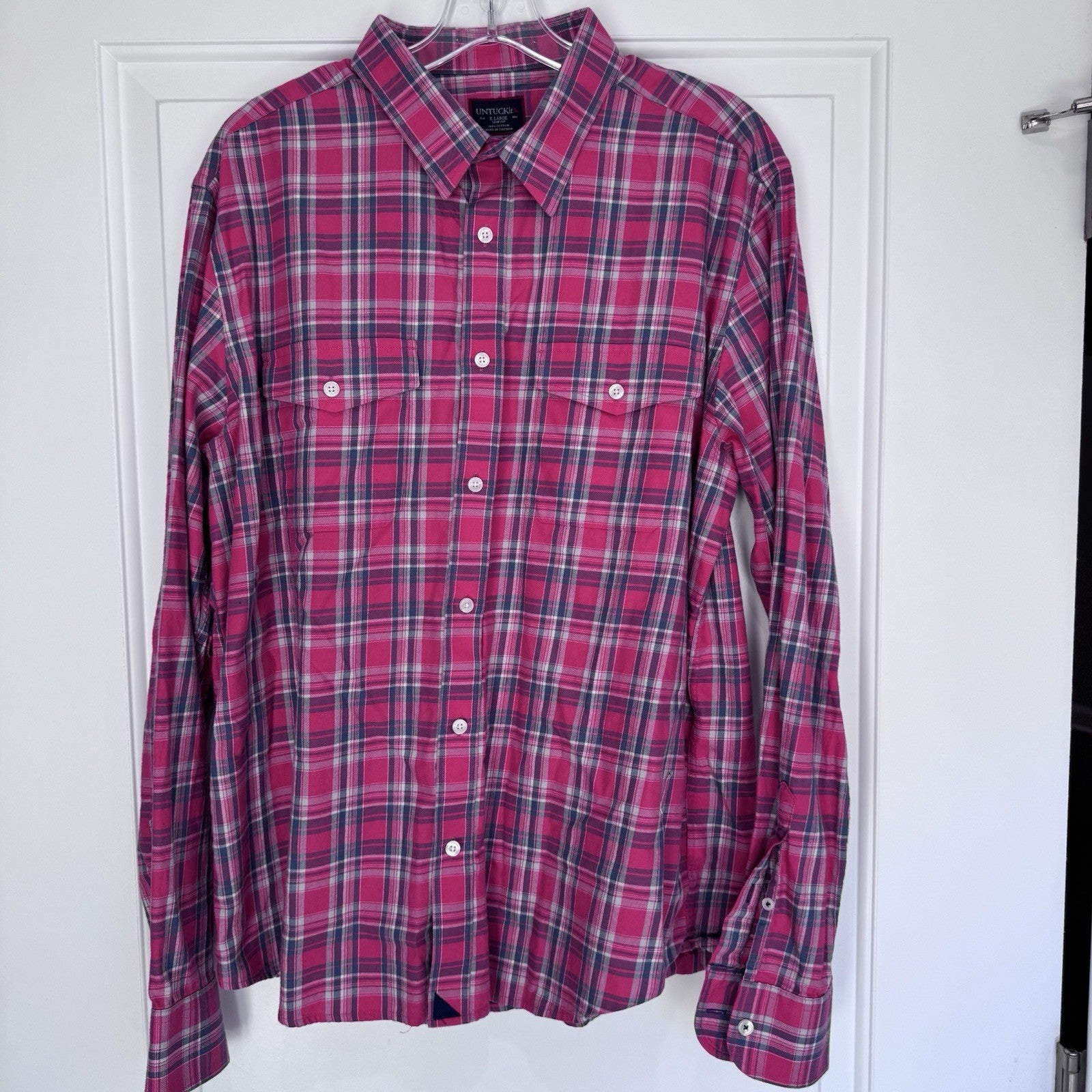 UNTUCKit Men’s XL Slim Fit Plaid Button Down Shirt Red Gray Cotton