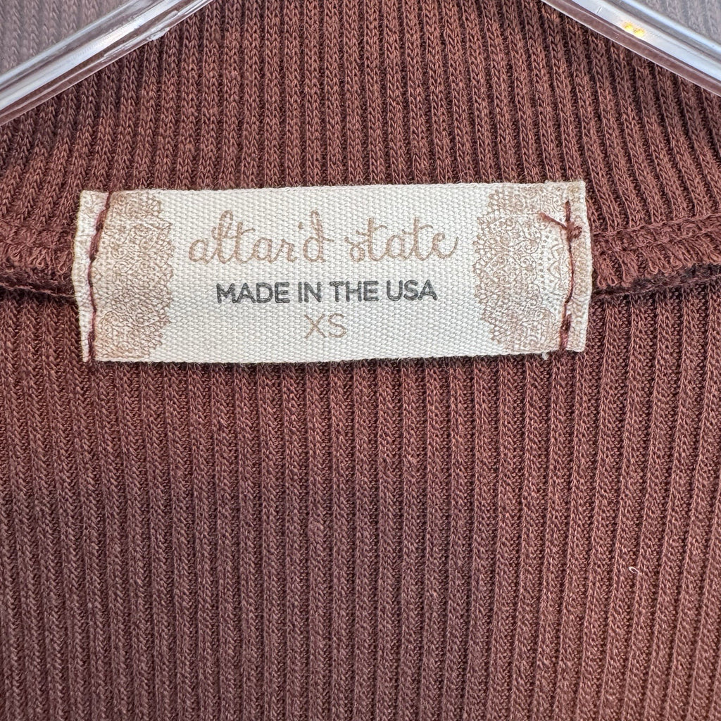 Altar’d State Ribbed Crop Top XS Collared Long Sleeve Brown NWT