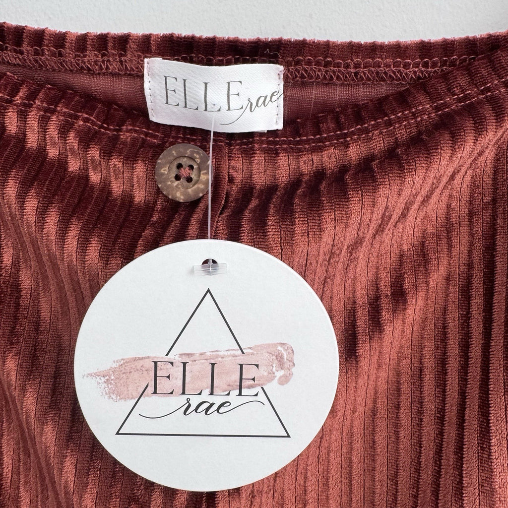 NWT Elle Rae Naomi Ribbed Velvet Dress Rust Button Front M Long Sleeve Bodycon