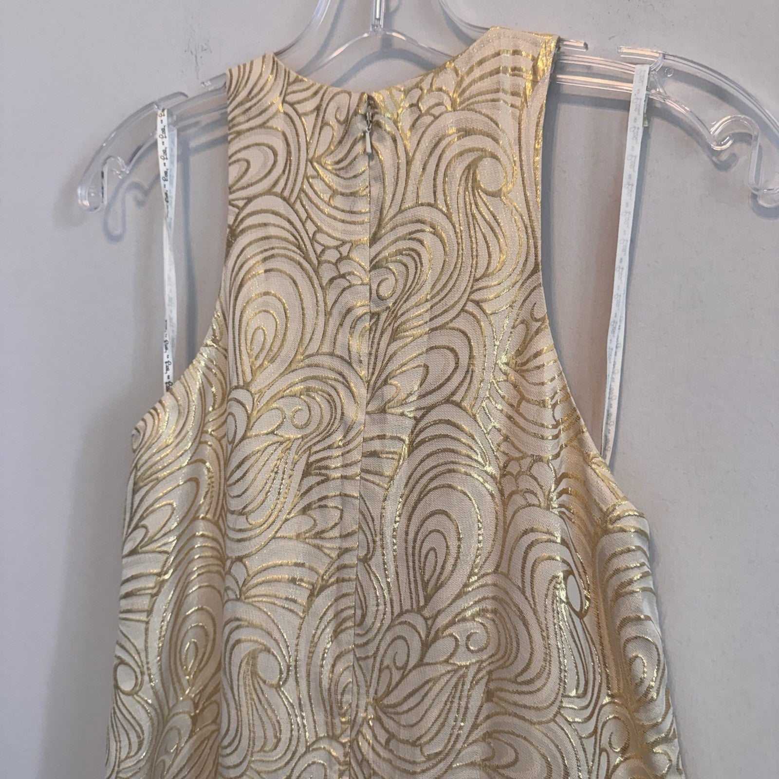Lilly Pulitzer XS Silk Gold Metallic Fil Coupe Shift Dress Sequin Fringe Hem