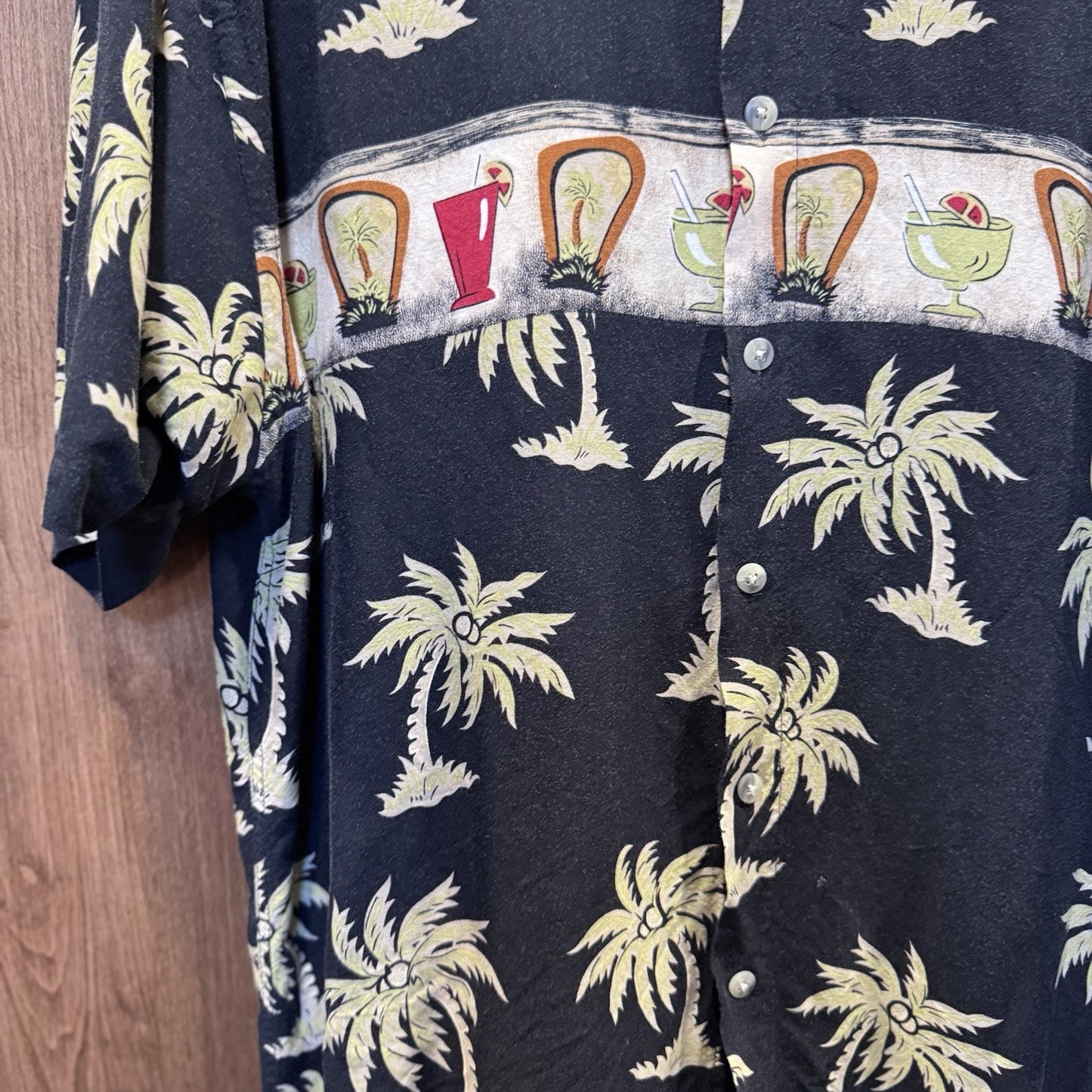 Pierre Cardin Men's Shirt Button Up Sz Med Palm Trees Tropical Drinks Black Tan