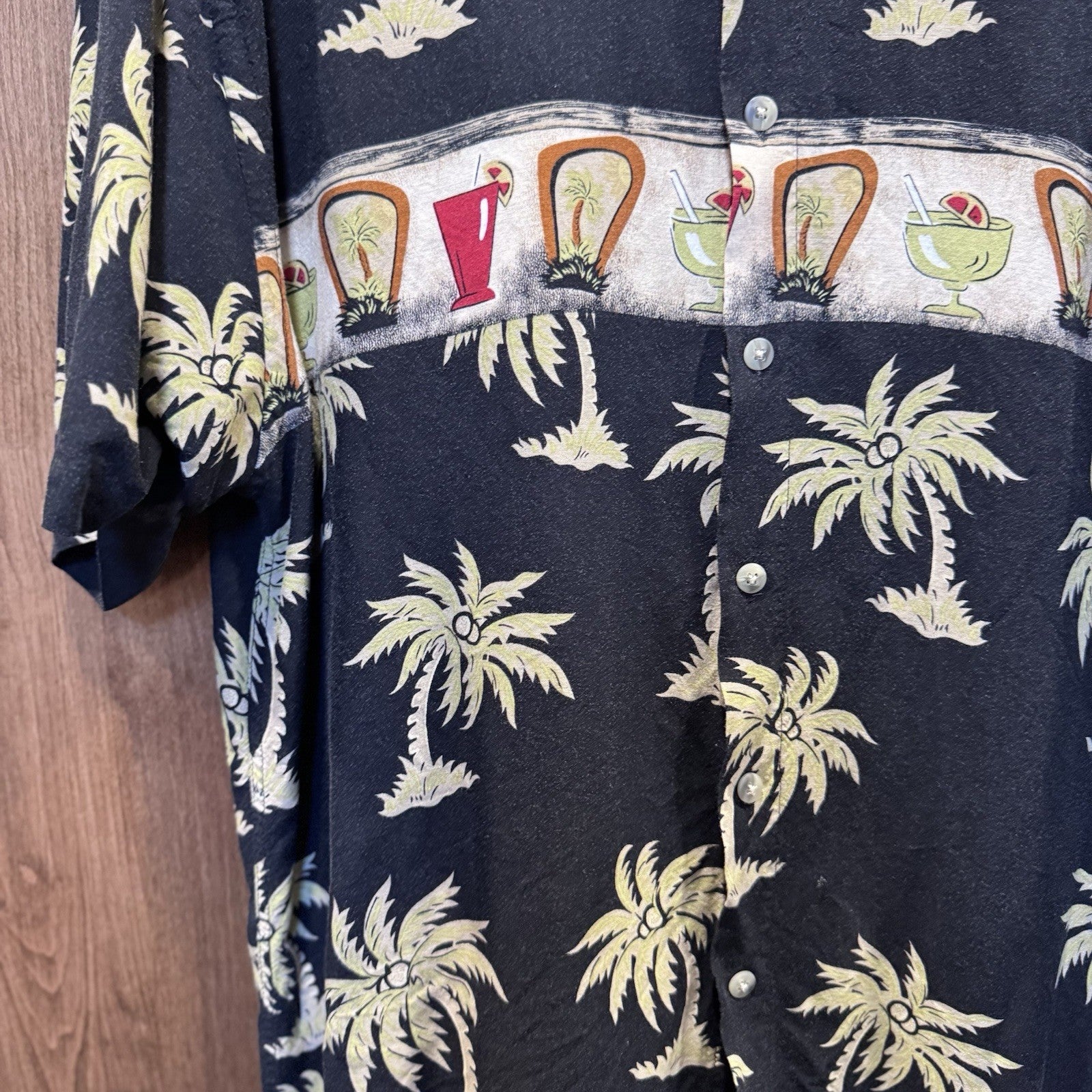 Pierre Cardin Men's Shirt Button Up Sz Med Palm Trees Tropical Drinks Black Tan