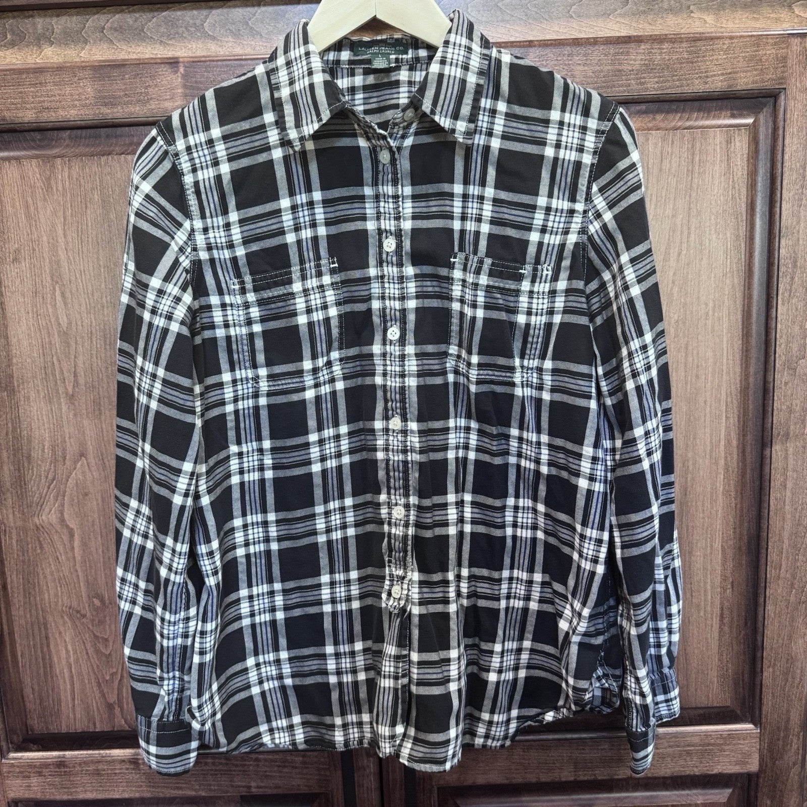 Lauren Ralph Lauren Plaid Button Down Shirt Women’s Large Black White