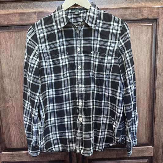 Lauren Ralph Lauren Plaid Button Down Shirt Women’s Large Black White