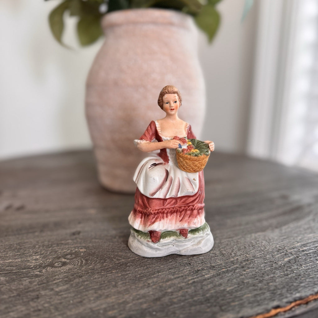 Vintage Porcelain Colonial Lady Figurine Korea Flower Basket Bisque Finish 5"