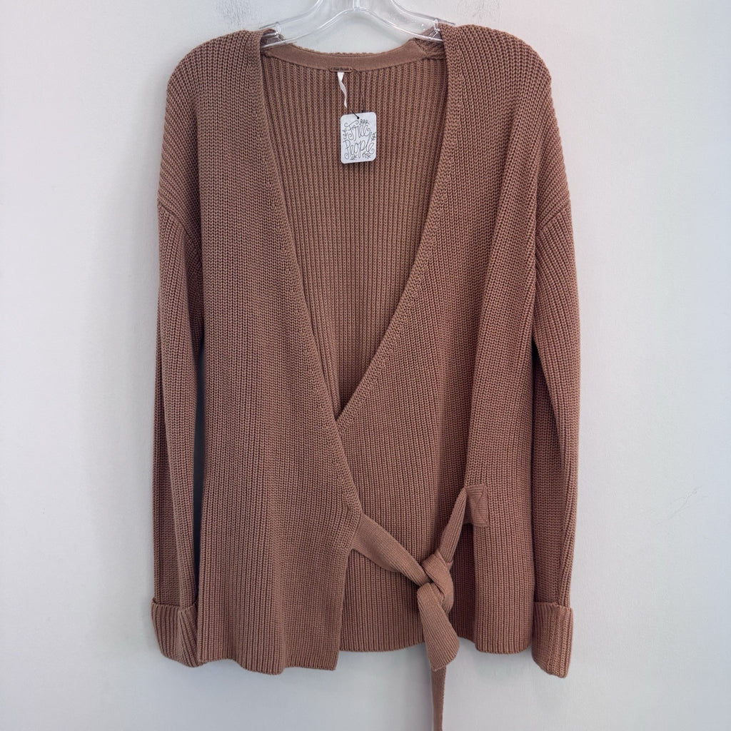 Free People Wrap Sweater Cardigan Small Brown Cotton Tie Waist Boho NWT Womens