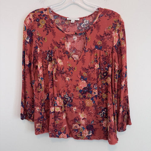 American Eagle Floral Boho Peasant Top Small Coral Pink Keyhole Long Sleeve