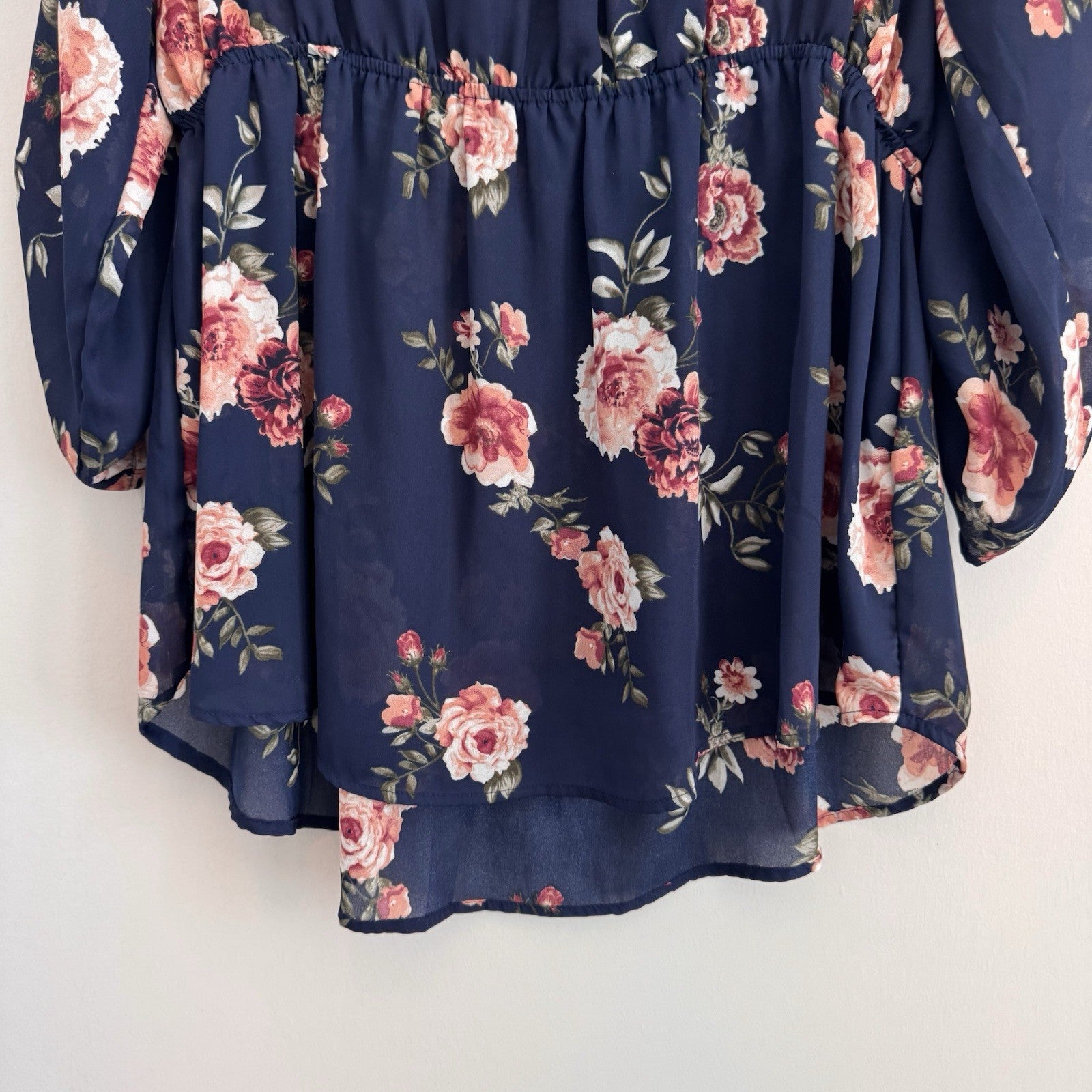 J for Justify Navy Floral Peplum Tunic Blouse Roll Tab Sleeve XL