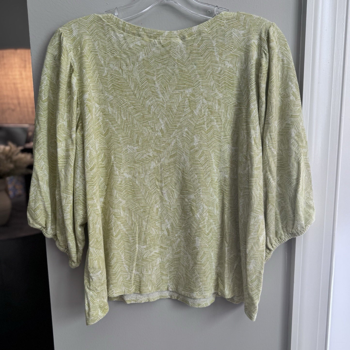 J.Jill Linen Blend Top L Petite Green White Geometric Print 3/4 Sleeve