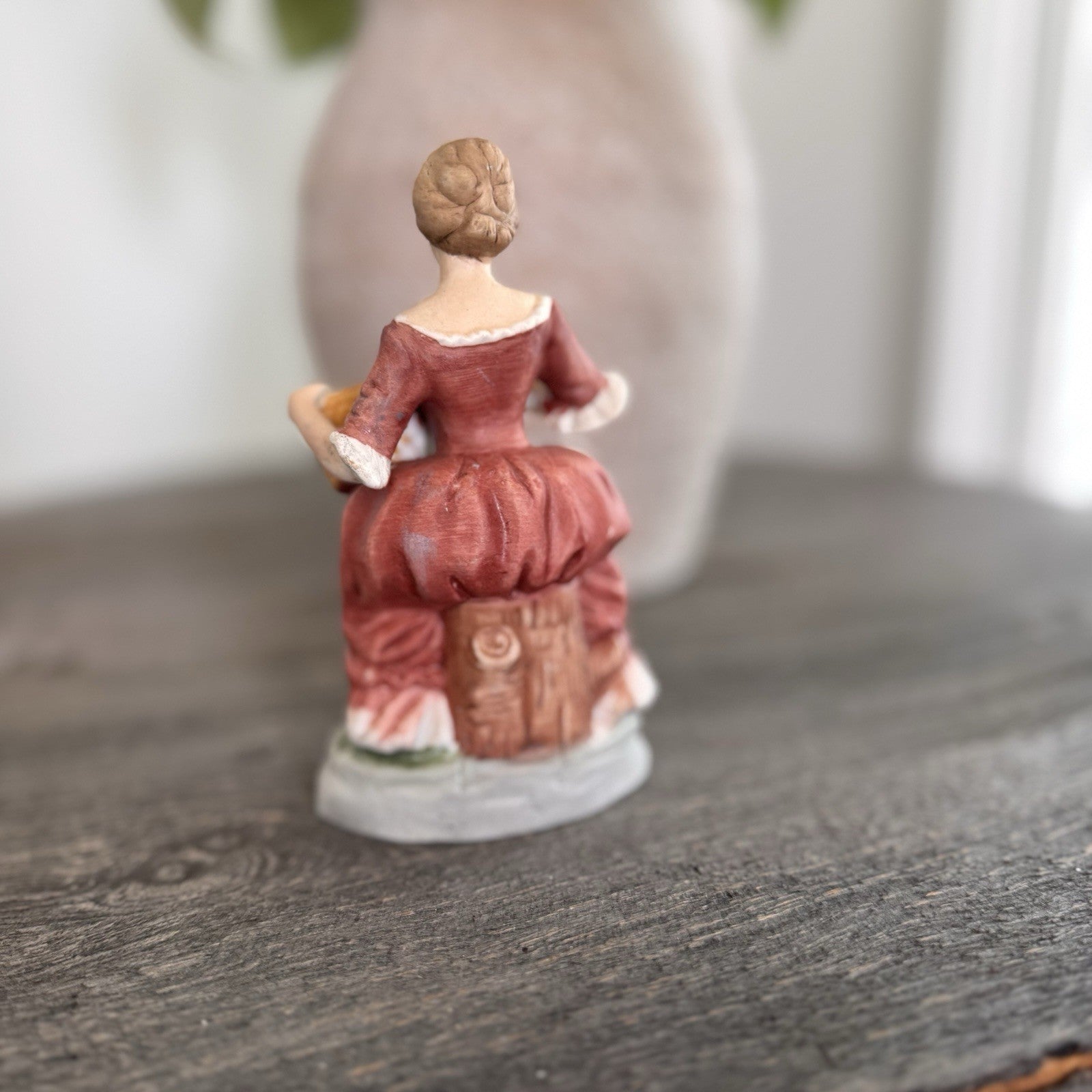 Vintage Porcelain Colonial Lady Figurine Korea Flower Basket Bisque Finish 5"