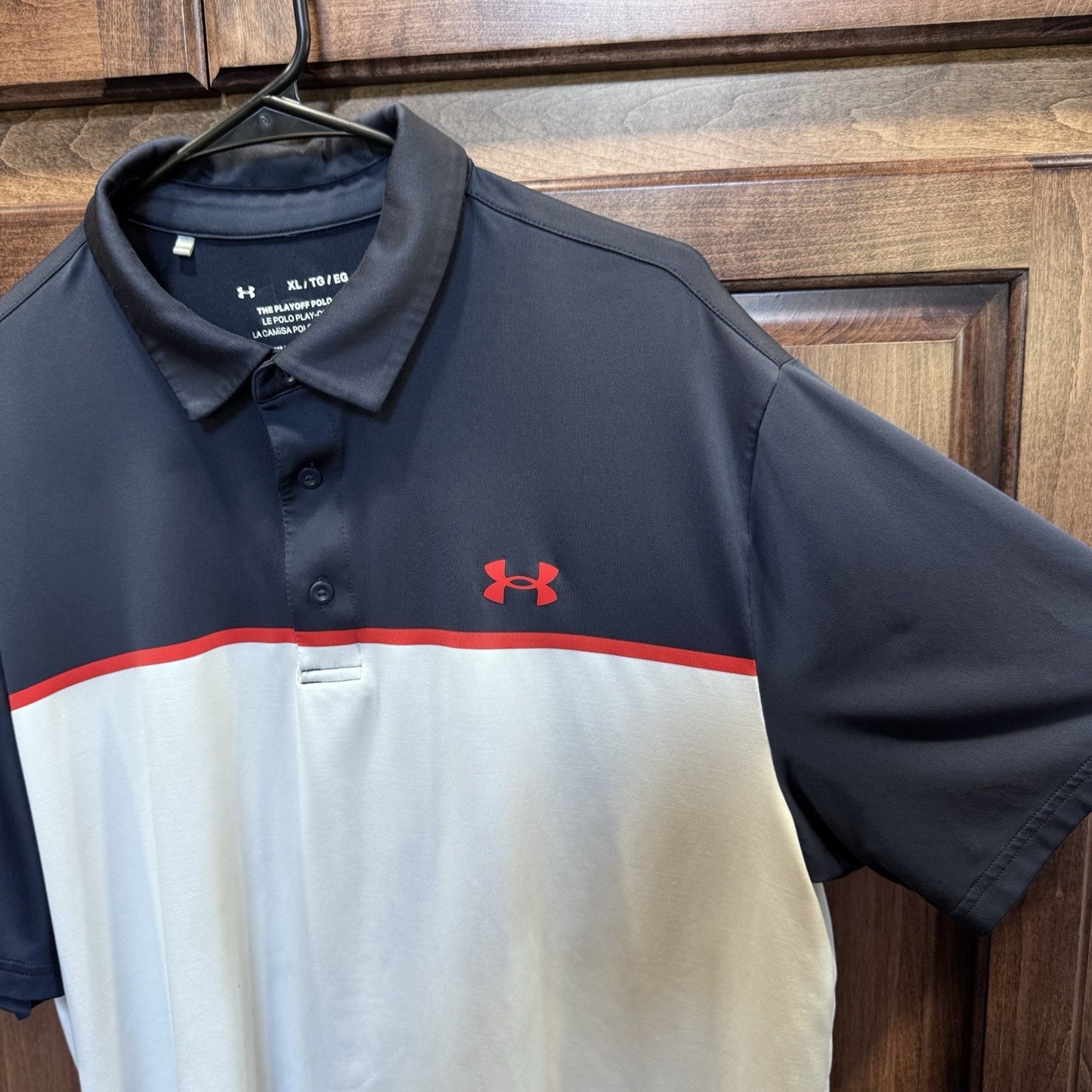 Under Armour Men’s Polo Shirt XL Navy Gray Red Stripe Style 1362495