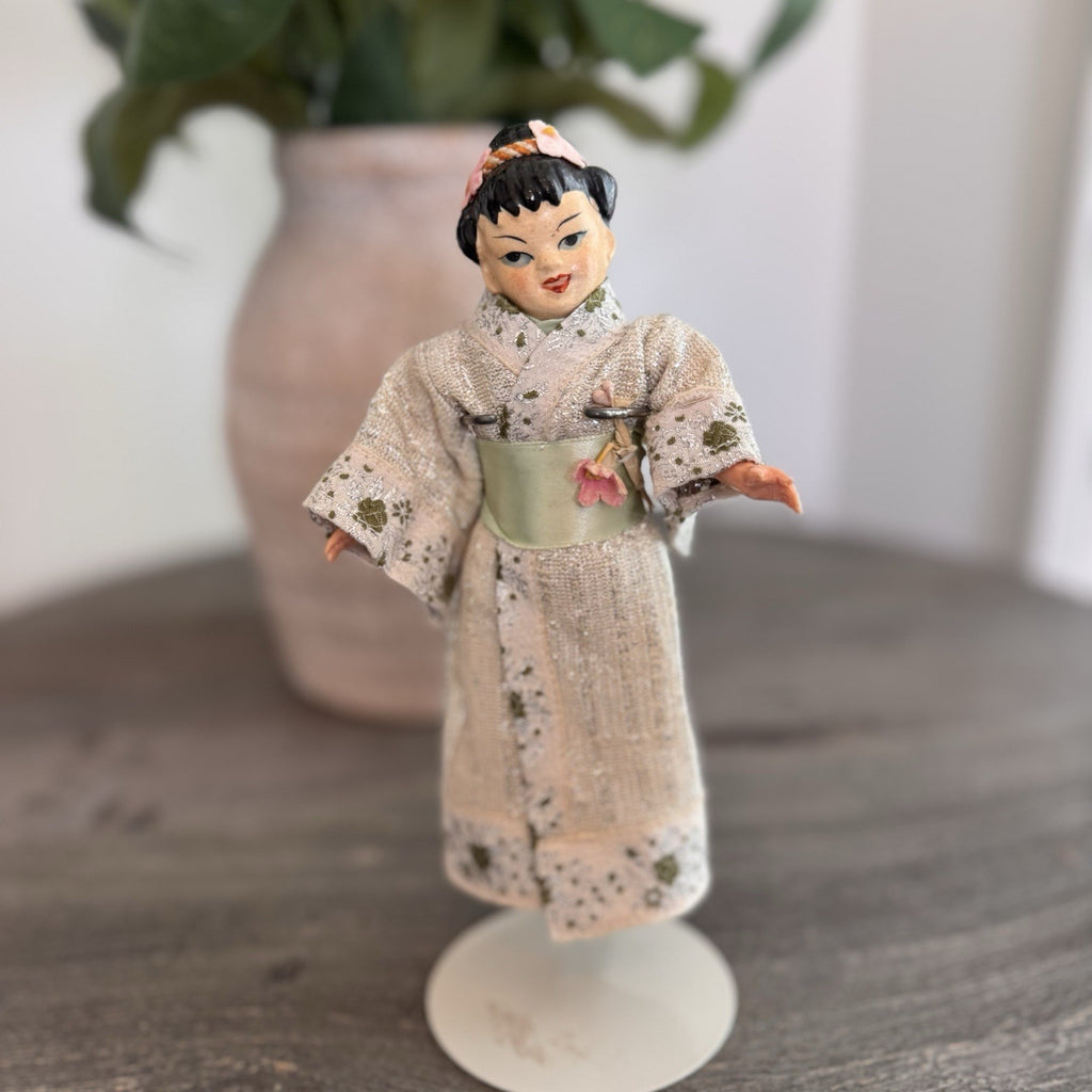 Mid Century Japanese Kimono Doll Hand Painted Face Traditional Dress Souvenir