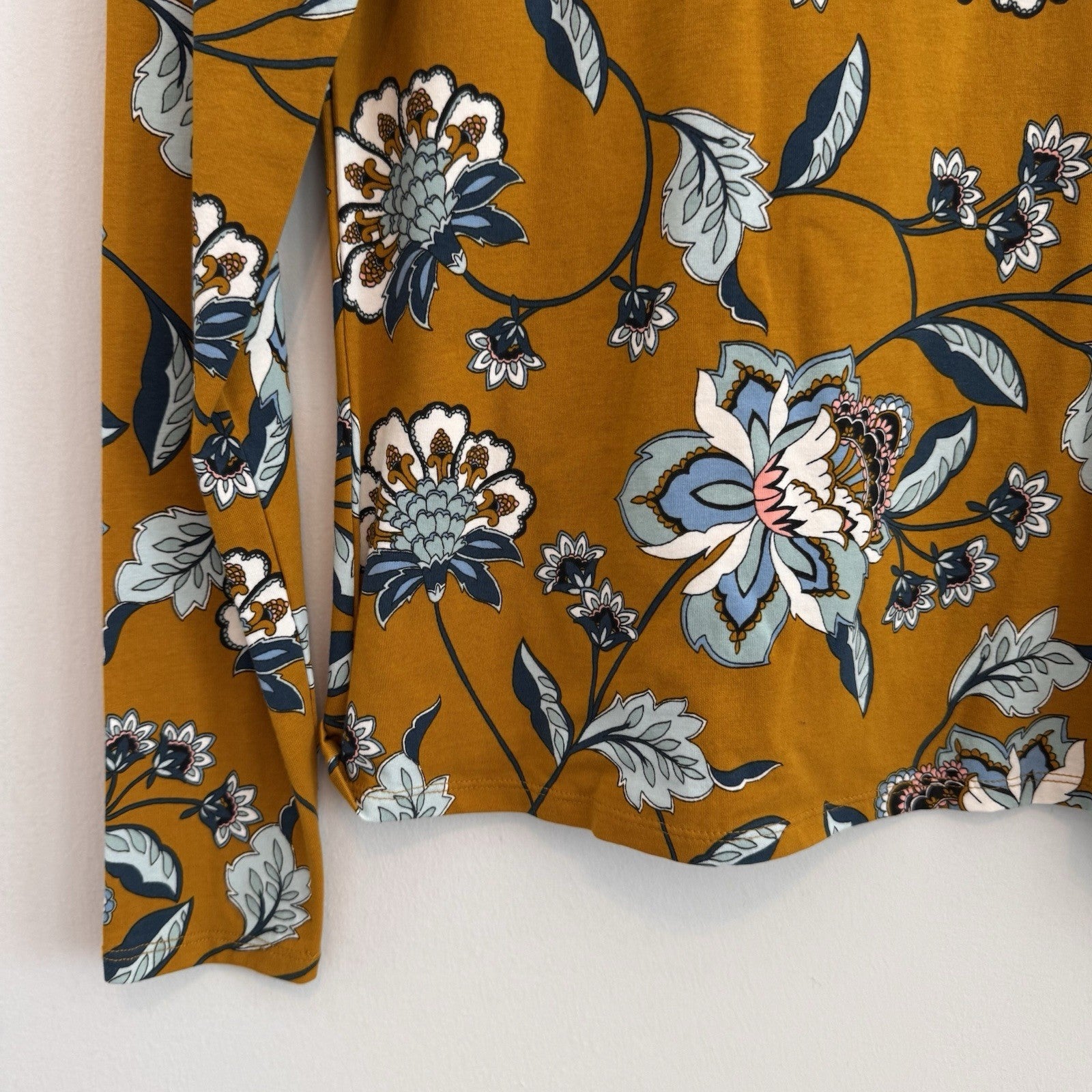 Maeve Anthropologie Floral Mock Neck Top XS Mustard Long Sleeve NWT Boho
